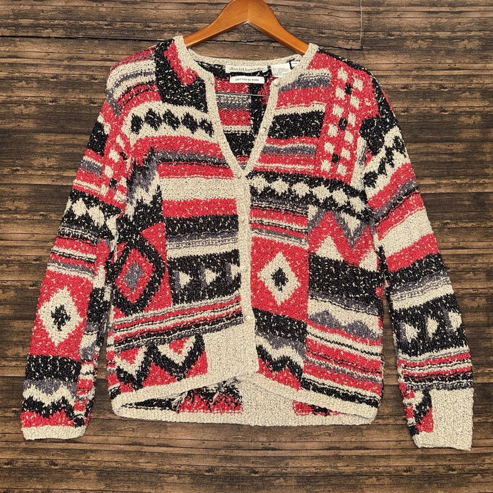 David Brooks Hand Knit Cardigan Womens Size M Pet Beige Red Silk Blend Patchwork